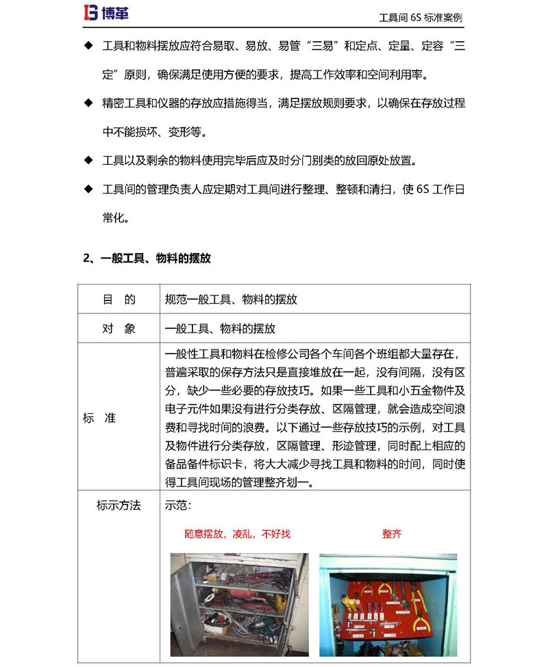 工具間一般工具，物料的擺放